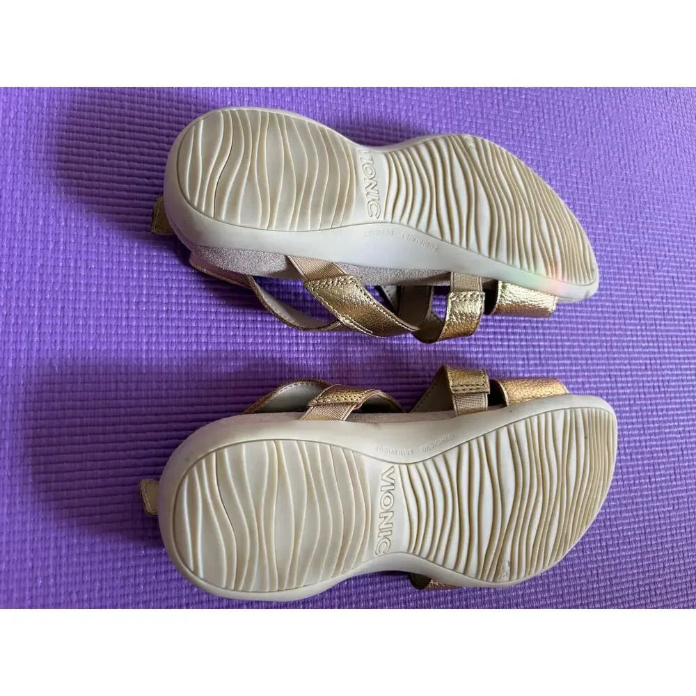 New Vionic Raya Gold Metallic Leather Orthotic Backstrap Sandals Womens Size 6